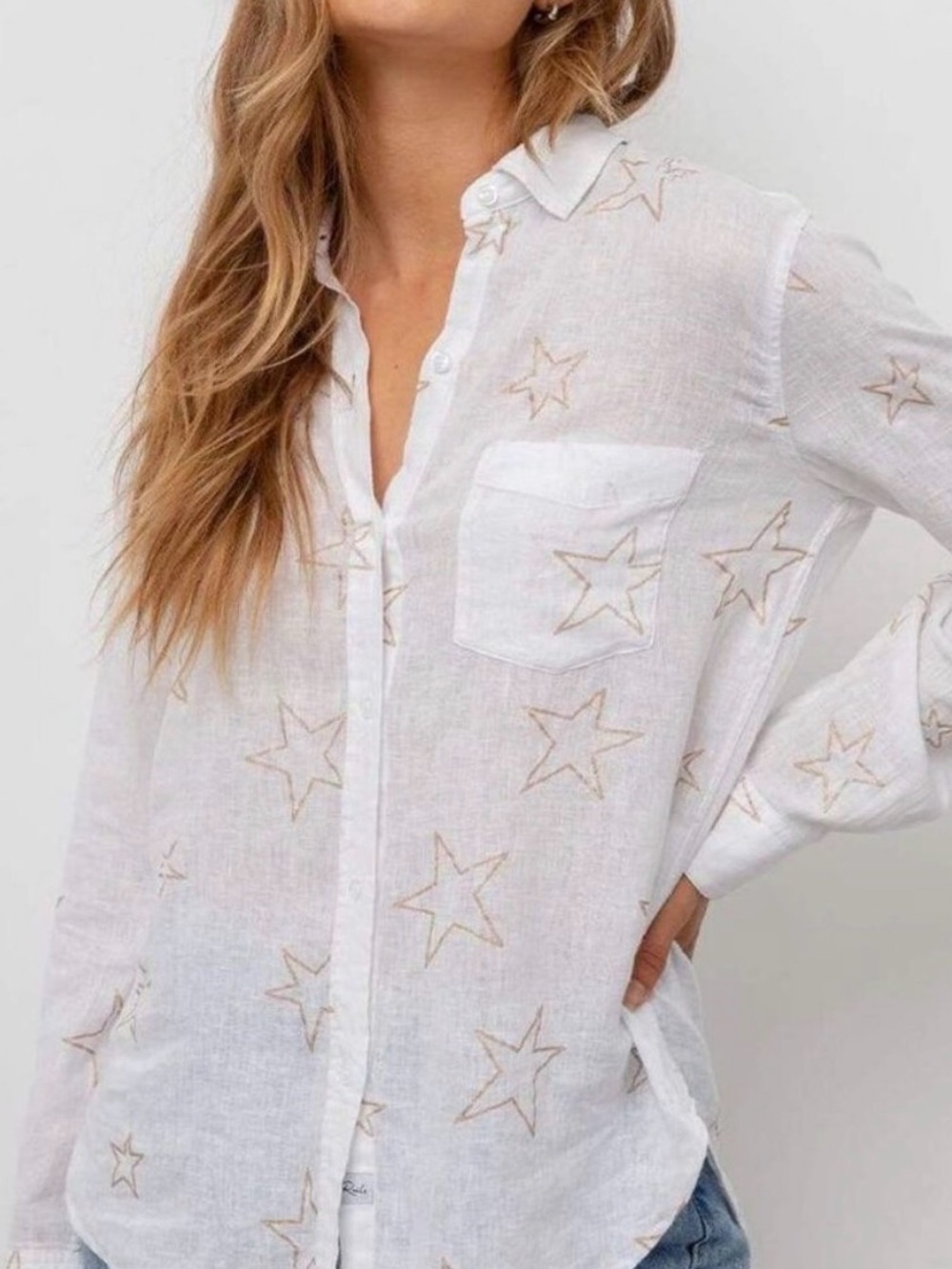 RAILS Charli Starstruck Linen Blend Gold Star Print Button Down Shirt S